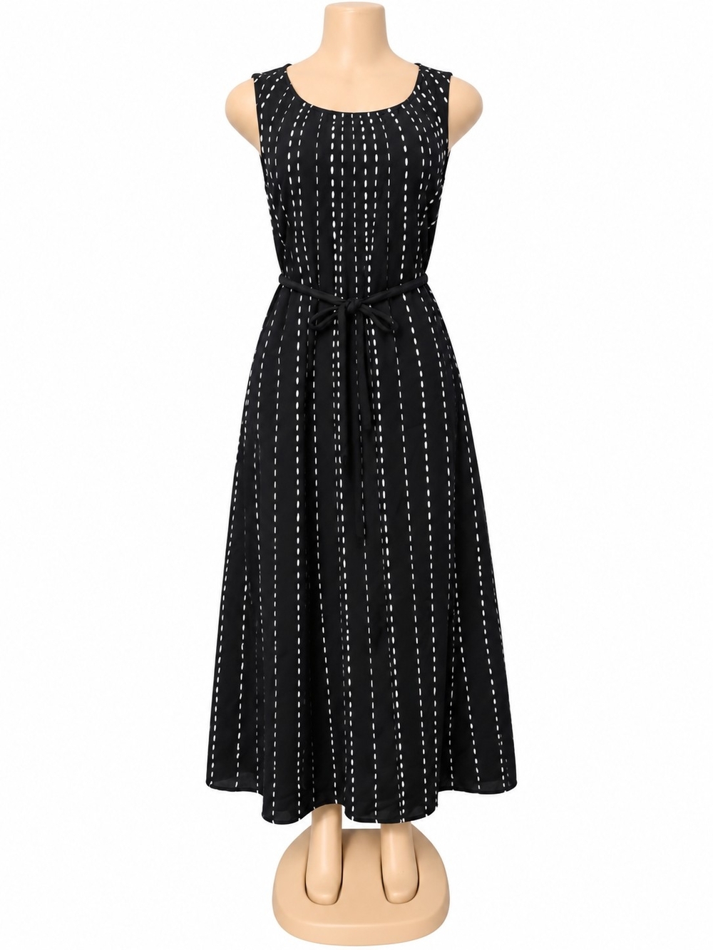 Sleeveless Black Maxi Dress with Waist Tie and Vertical Stitch Lines